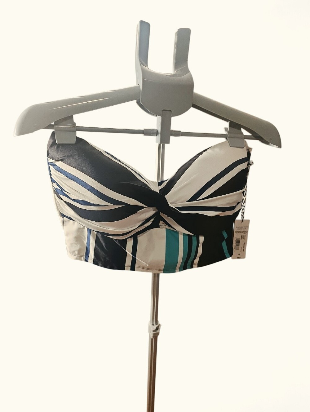 Twist-Front Bandeau Swim Top in Navy, White & Teal Stripe
